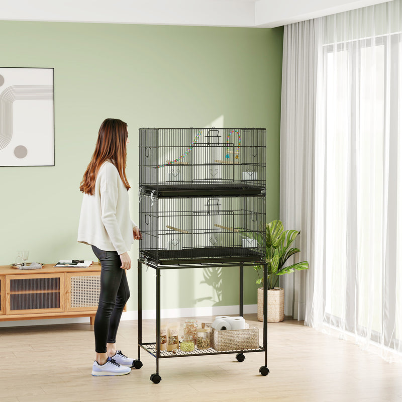 Two Tier Bird Cage with Wheeled Stand for Small Birds Ideal for Indoor Use, Grey