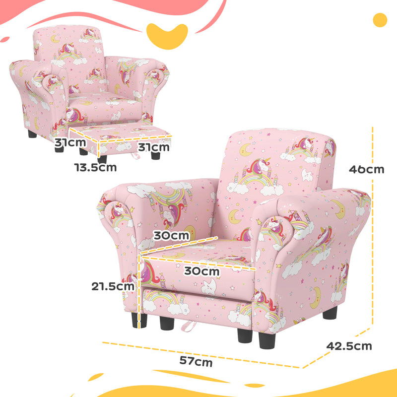 2 Piece Kids Sofa Set with Unicorn Design and Wooden Frame for Toddlers Aged 1 to 3, Pink