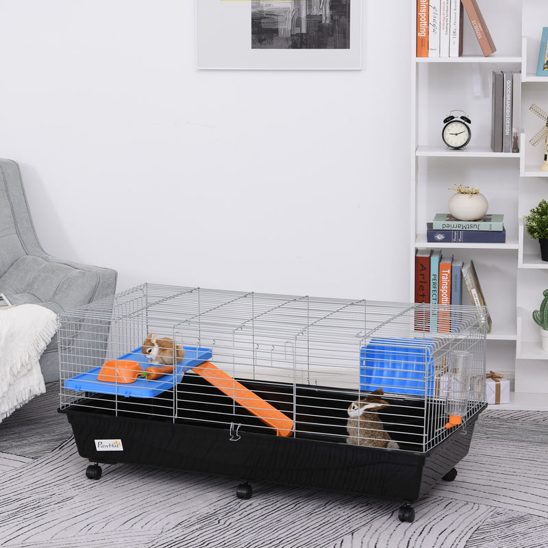 2 Tier Steel Guinea Pig Hutch With Run And Accessories Ideal For Outdoor Use Blue Orange AOSOM