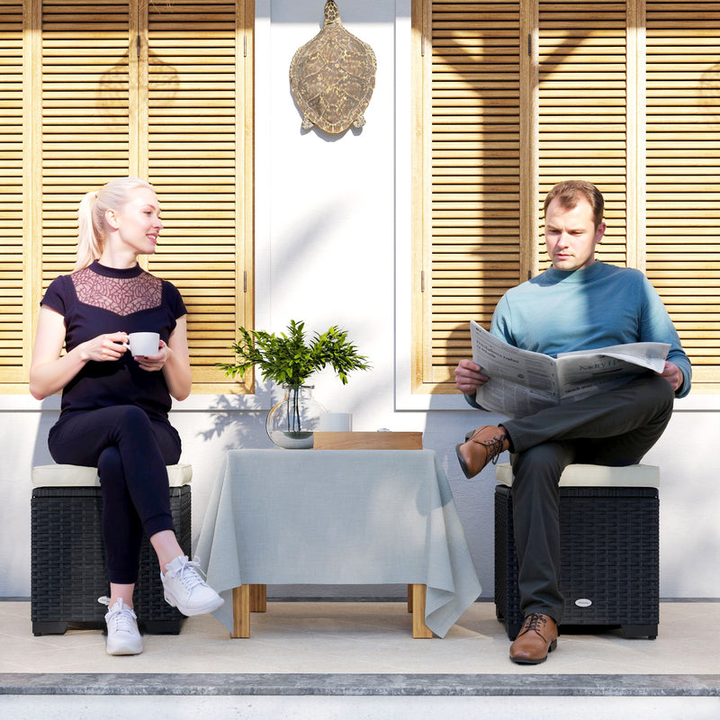 Set of 2 Rattan Storage Ottomans with Cushions for Garden Balcony and Poolside in Cream by Outsunny