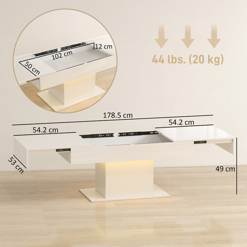 Extendable Coffee Table with LED Lighting and Hidden Storage for Living Room High Gloss White AOSOM