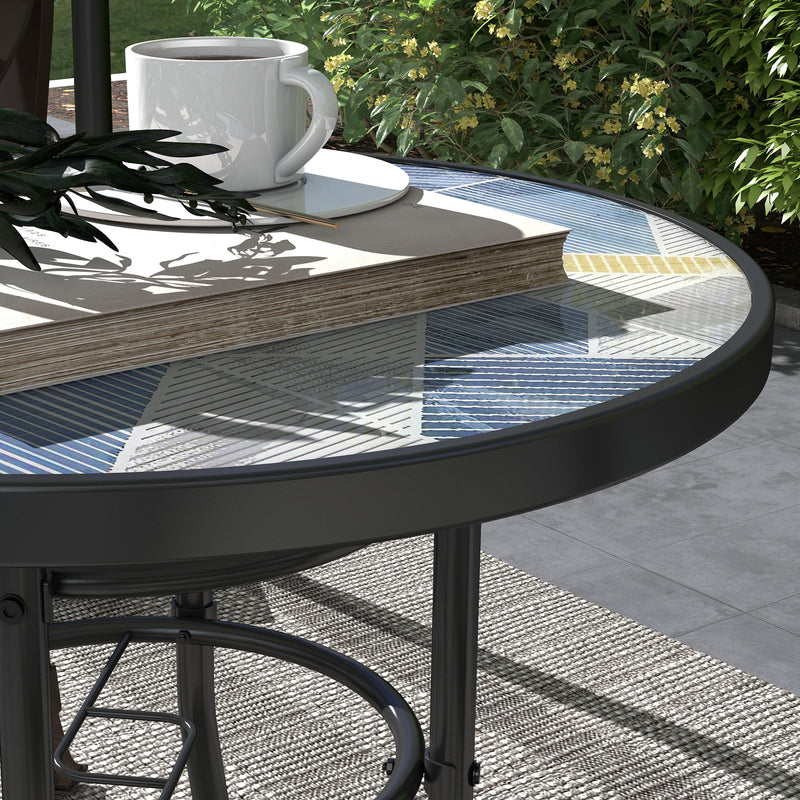 Round 60cm Garden Table with Printed Glass Top Ideal for Outdoor Dining Multicolour