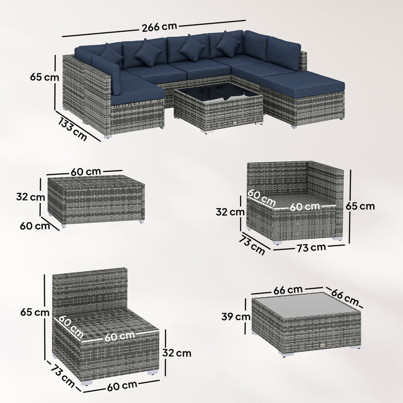Rattan Garden Corner Sofa Set with Flexible Seating and Table for Outdoor Relaxtion, Grey & Blue
