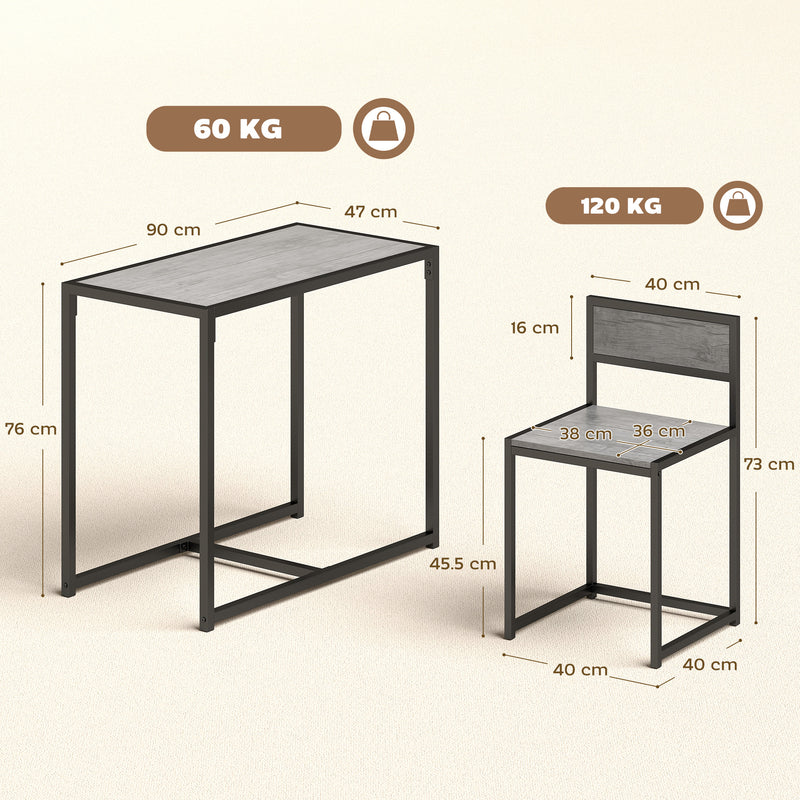 3 Piece Dining Table and Stool Set With Wood Effect Finish for Small Spaces, Charcoal Grey, 90L x 47W x 76H cm