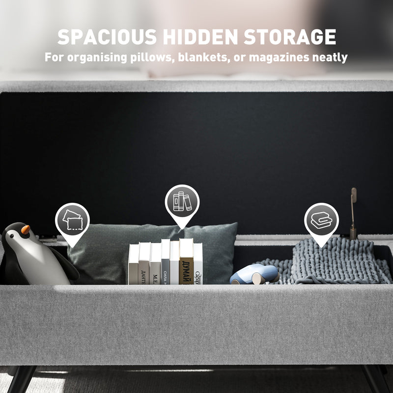 Dark Grey Upholstered Storage Ottoman Bench with Armrests and Rubberwood Legs by HOMCOM