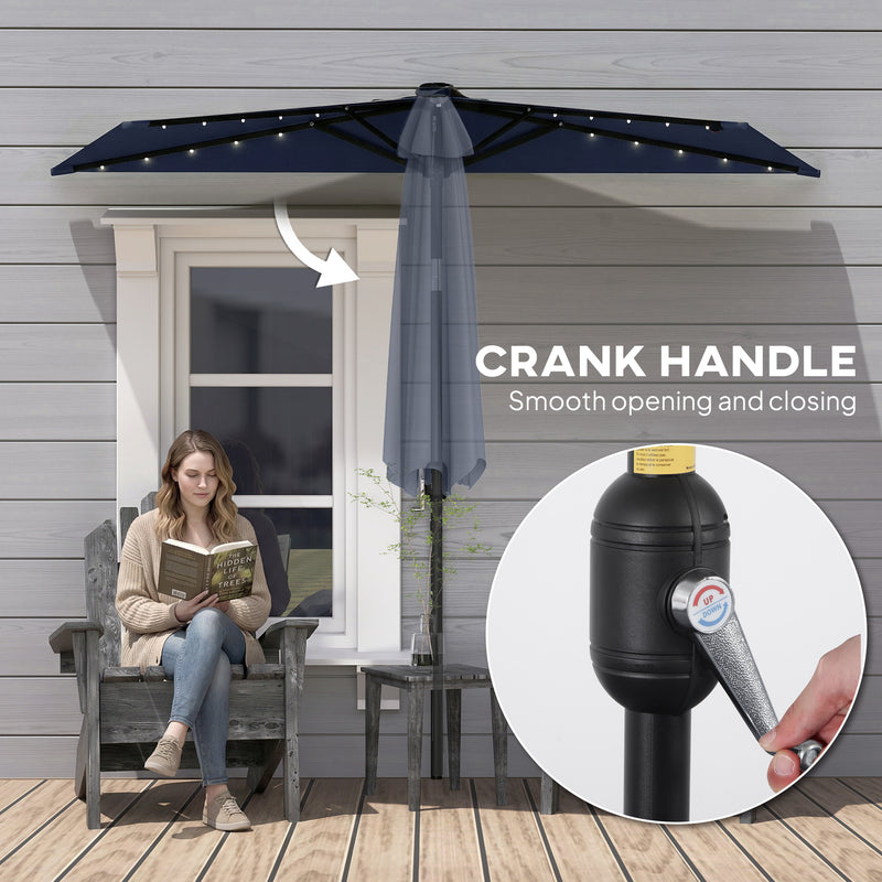 Half Parasol for Balcony or Small Patio with Solar LED Lights and Tilt, Dark Blue