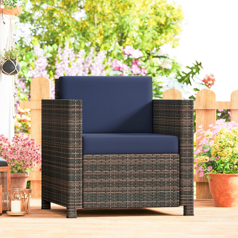 Rattan Garden Armchair With Thick Padded Cushion For Outdoor Relaxing Mixed Brown Navy Blue AOSOM