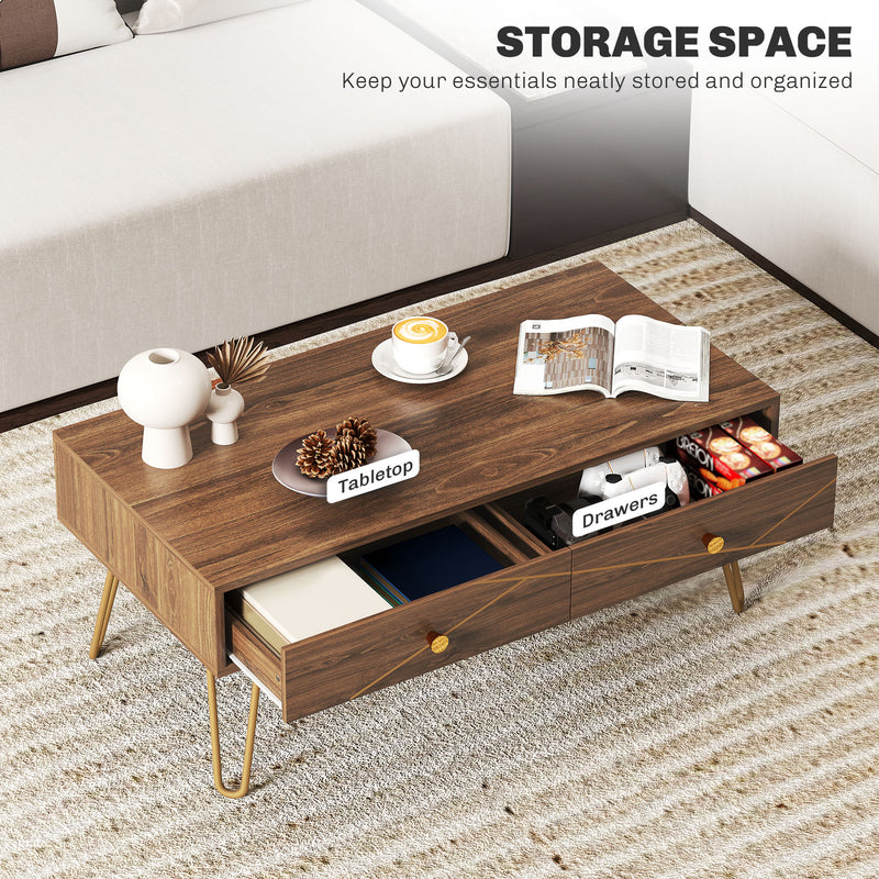 Modern Coffee Table with Gold Hairpin Legs and Drawers for Living Room 100cm by HOMCOM