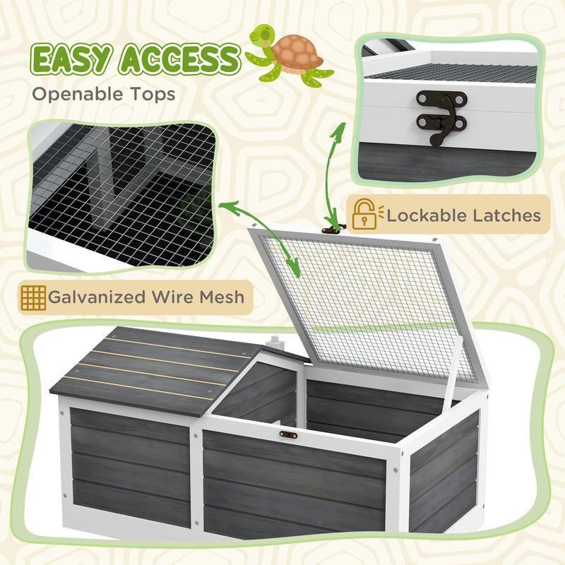 Wooden Tortoise House with Hideout and Outdoor Run for Small Pets, Grey