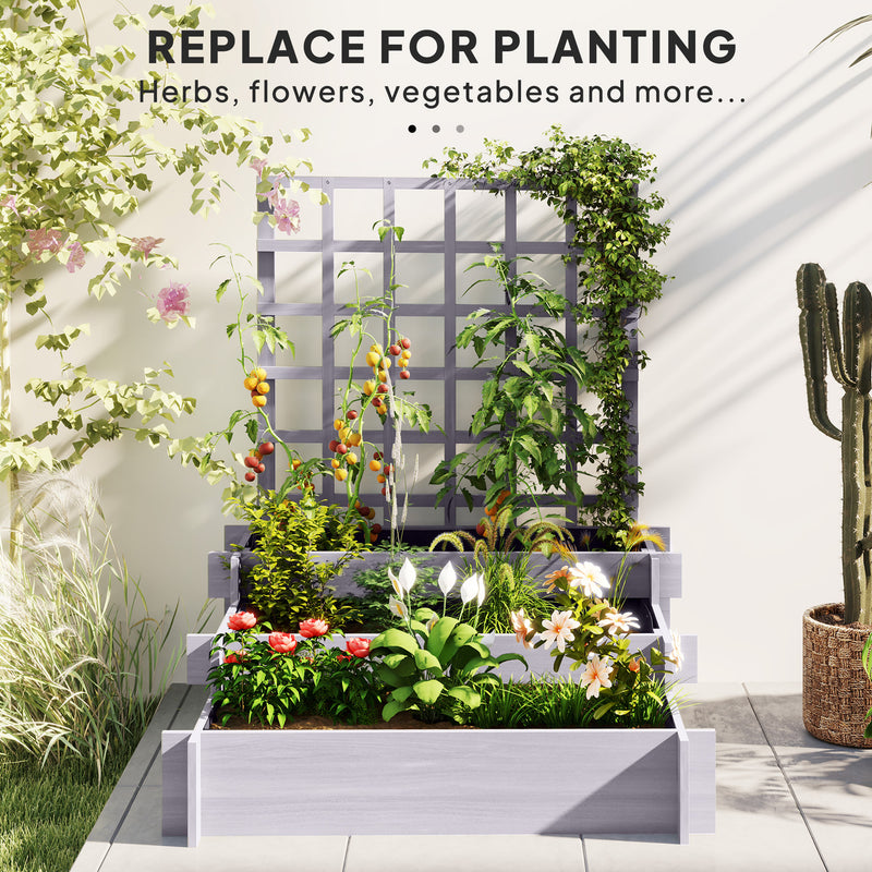 3 Tier Wooden Garden Planter With Trellis For Climbing Plants Raised Bed Grey AOSOM