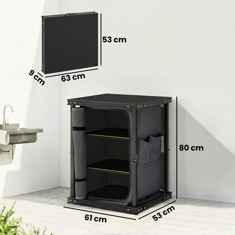 Camping Kitchen Unit with Shelves and Pockets for Organised Cooking Black