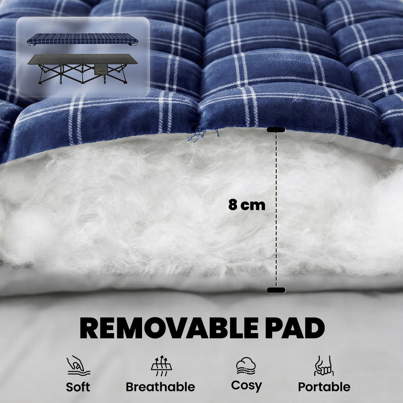 Folding Camping Bed with Extra Wide Surface and Removable Padded Mattress Blue