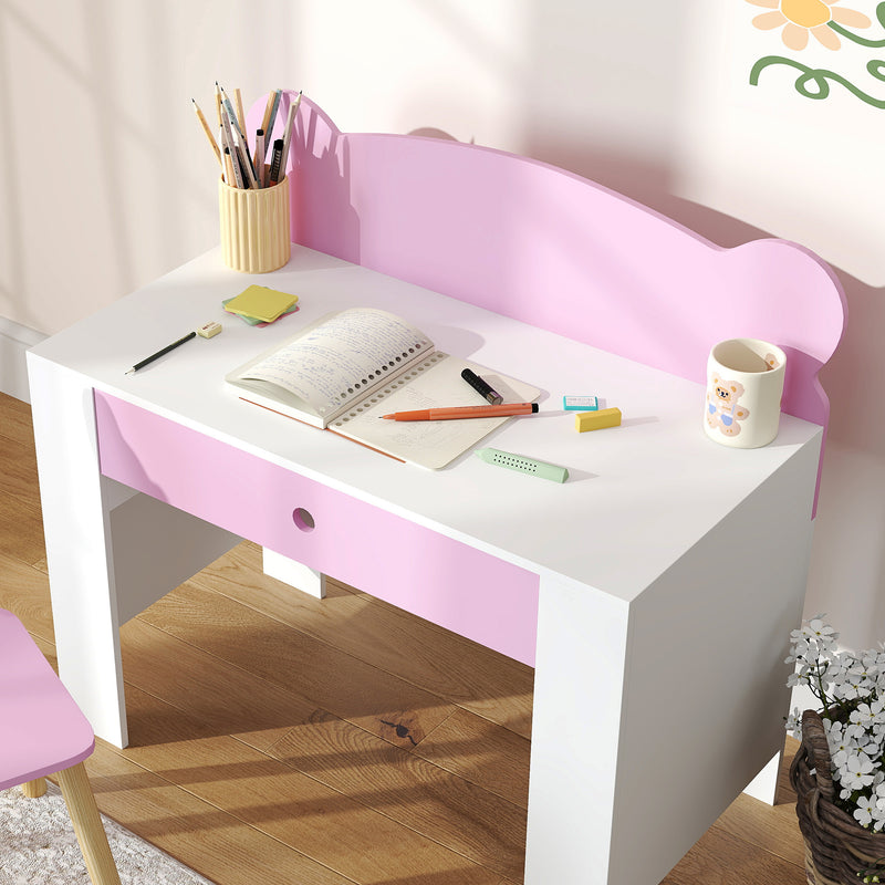Kids Desk and Chair Set with Storage Drawer for Study and Play Pink White AOSOM