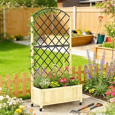 Wooden Raised Garden Planter with Trellis and Wheels for Privacy and Climbing Plants Natural Outsunny