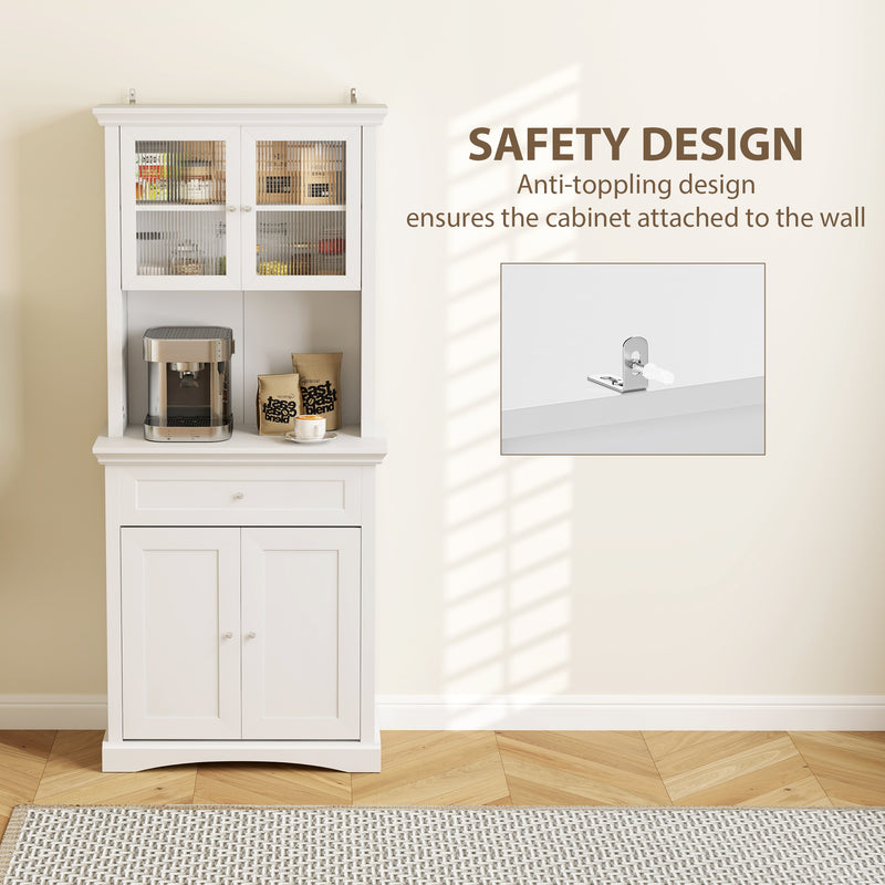 White 4 Door Freestanding Kitchen Cabinet with Drawer Glass Doors and Shelves