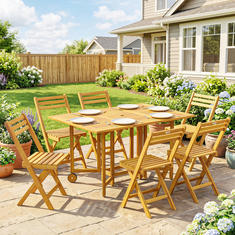 Folding Garden Dining Set for 6 with Space Saving Storage Acacia Wood Natural Outsunny