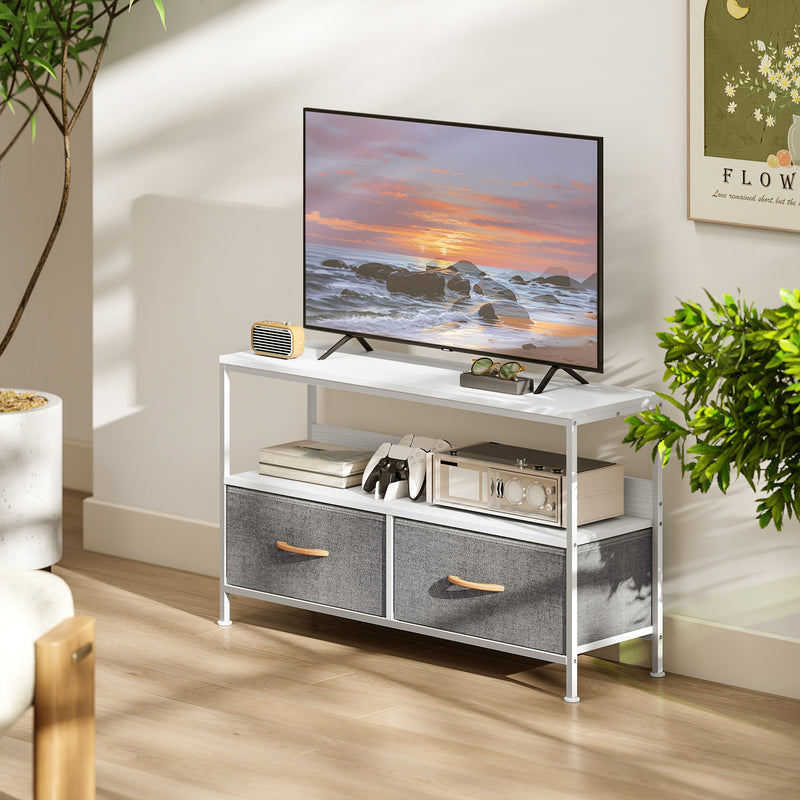 White TV Stand Cabinet with 2 Foldable Fabric Storage Drawers for Living Room or Bedroom