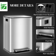 Indoor Kitchen Recycling Bin with Deodorisers 60L Dual Compartment Stainless Steel Silver Tone