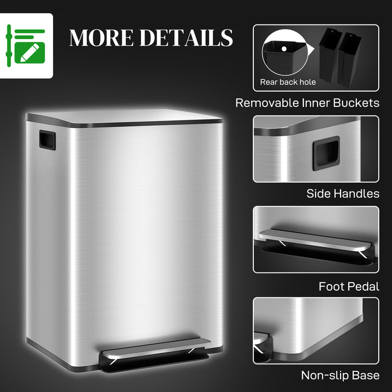 Indoor Kitchen Recycling Bin with Deodorisers 60L Dual Compartment Stainless Steel Silver Tone