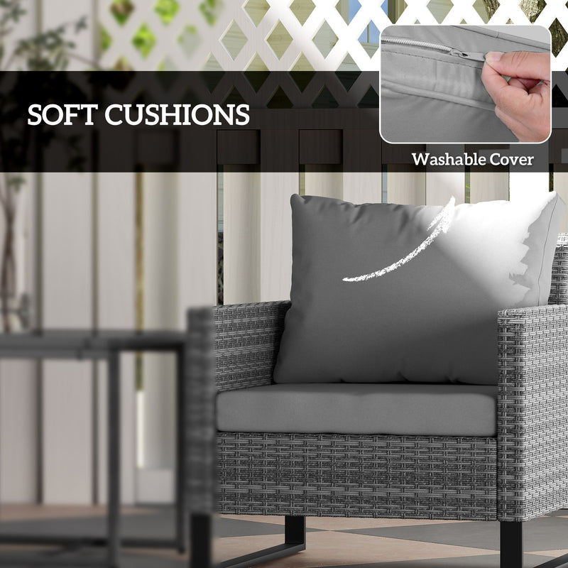 3 Piece Rattan Bistro Set with Cushions Glass Top Table and Chairs for Garden Patio Grey by Outsunny