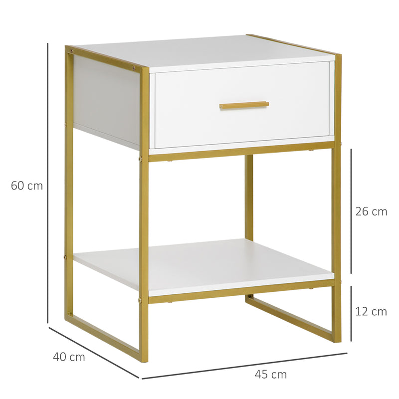 Set of 2 Modern Bedside Tables With Drawer and Shelf for Bedroom or Lounge White and Gold