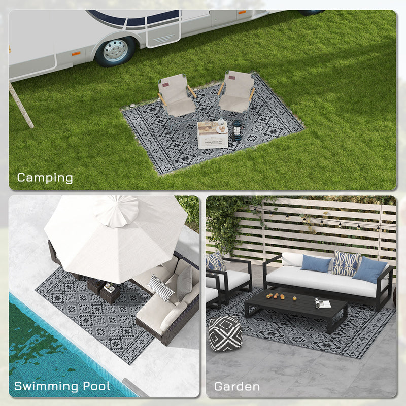 Reversible Black and Grey Outdoor Rug 182 x 274cm with Carry Bag for Garden or Camping