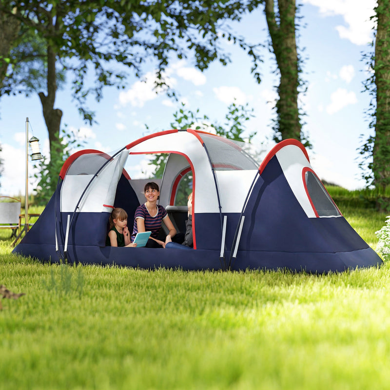 Large Family Tunnel Camping Tent With Rainfly, Groundsheet & Mesh Windows, Navy Blue