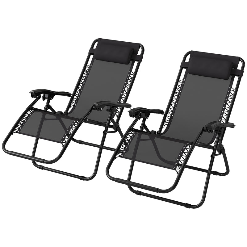 Set of 2 Zero Gravity Reclining Garden Chairs with Head Pillow for Outdoor Use, Black
