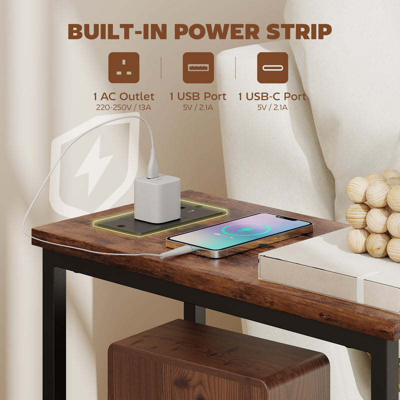 Slim Bedside Table With USB Charging Station and 2 Storage Drawers For Bedroom or Living Room, Industrial Style