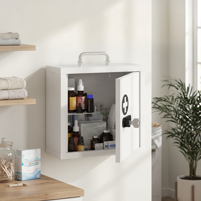 Medicine Cabinet with Lock for Secure Family Storage and Easy Wall Mounting White Grey