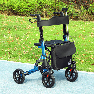 Blue Folding Rollator Walker with Seat Backrest Storage Bag and Dual Brakes by HOMCOM AOSOM