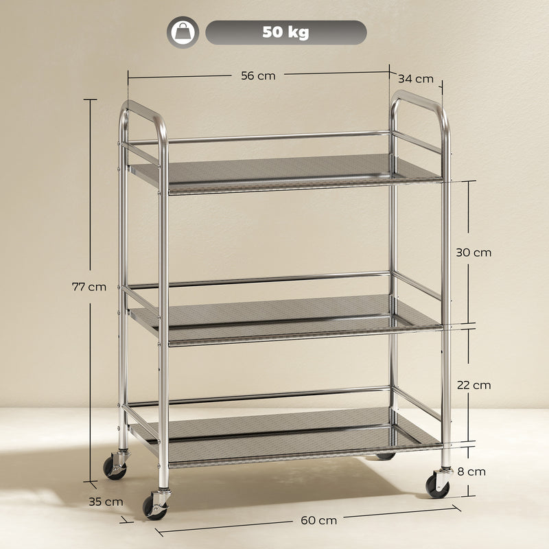 3 Tier Stainless Steel Kitchen Trolley With Adjustable Shelves For Storage, Silver