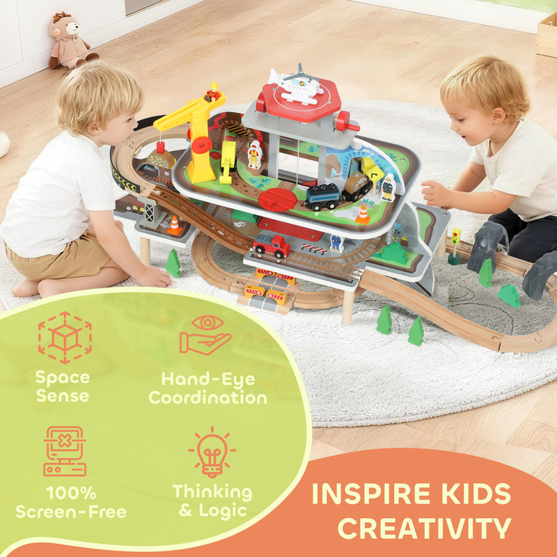 79 Piece Wooden Train Set with Crane and Helicopter Fun Mine Themed Track for Kids, Natural AOSOM