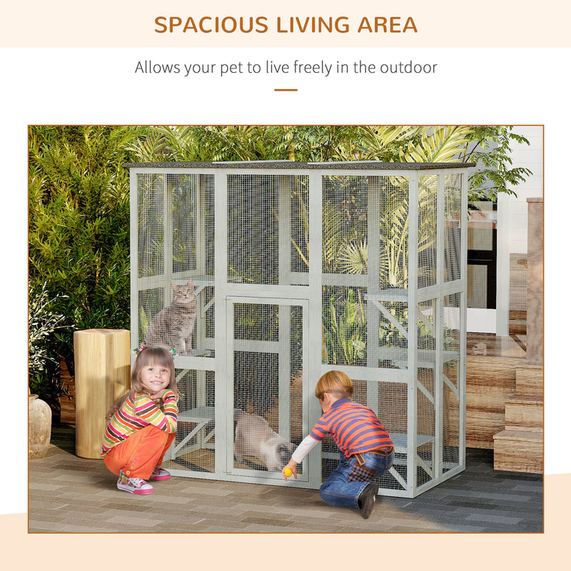 Large Wooden Outdoor Catio Enclosure with Platforms and Roof for Multiple Cats, Natural Wood AOSOM