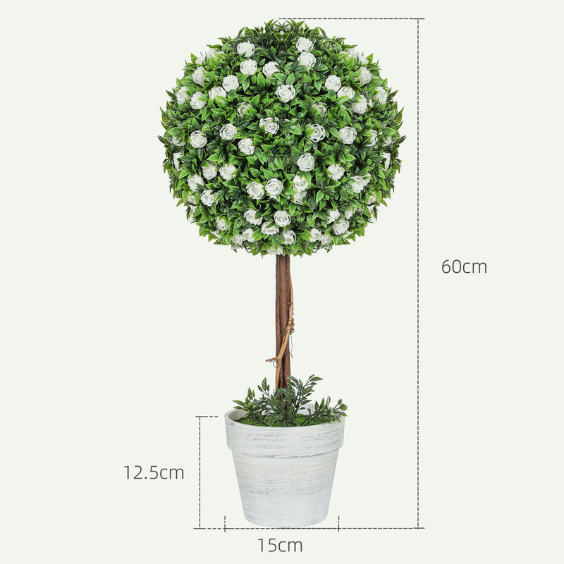 Set of 2 Artificial Topiary Trees with White Roses 60cm for Indoor and Outdoor by HOMCOM