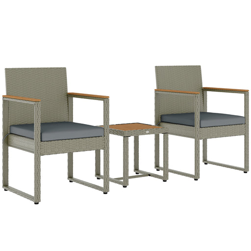 Grey 3 Piece Rattan Bistro Set With Cushions and Table for Garden or Balcony by Outsunny