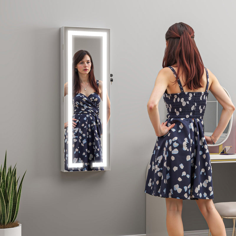 Jewellery Storage Cabinet with Full Length Mirror and LED Lights Wall or Door Mounted White