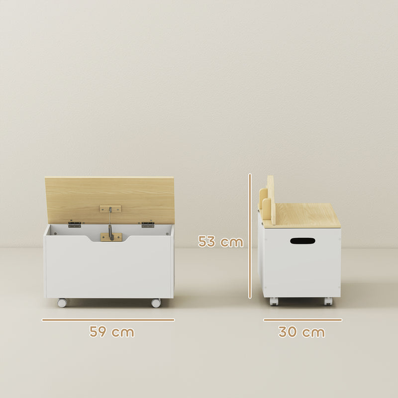 Toy Storage Chest with Wheels and Safety Hinges for Toddlers Playroom or Bedroom White AOSOM