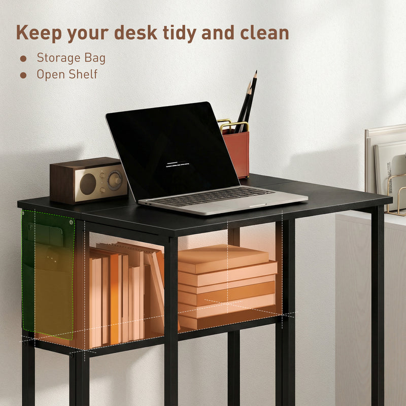 Folding Computer Desk with Wheels and Storage Shelf for Small Spaces Black AOSOM