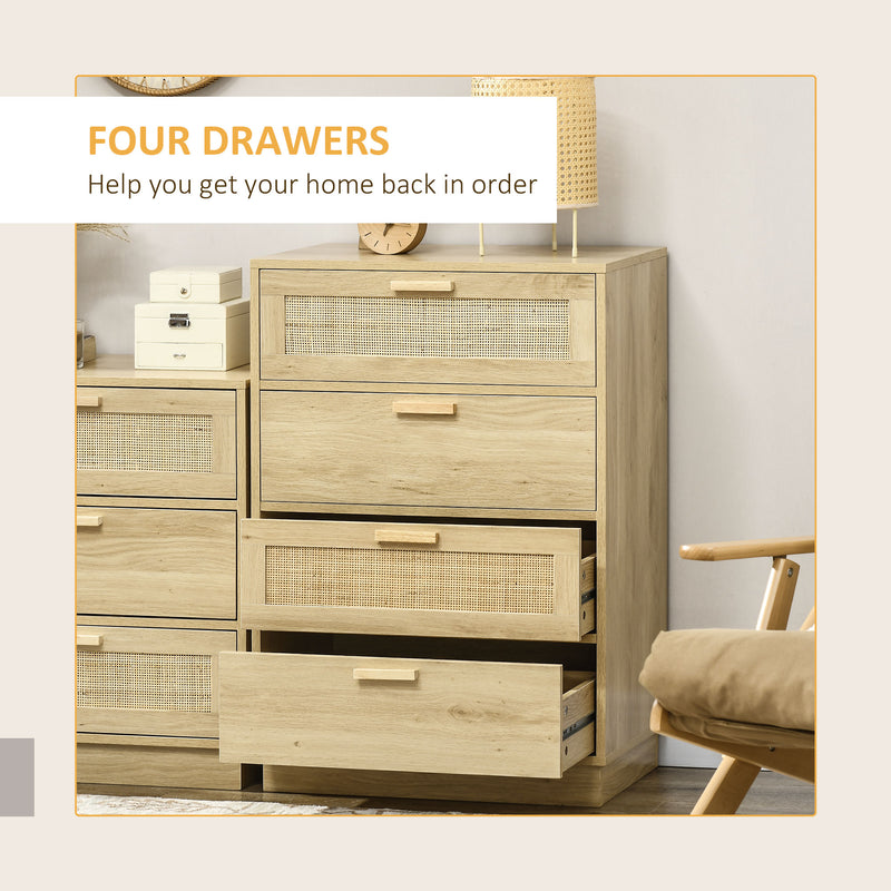 Wood Effect Chest of 4 Drawers with Rattan Weave Panels for Bedroom Storage by Homcom