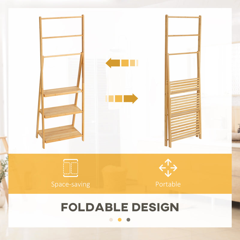 Freestanding Bamboo Towel Rack with Shelves Foldable Space Saver for Bathroom, Natural