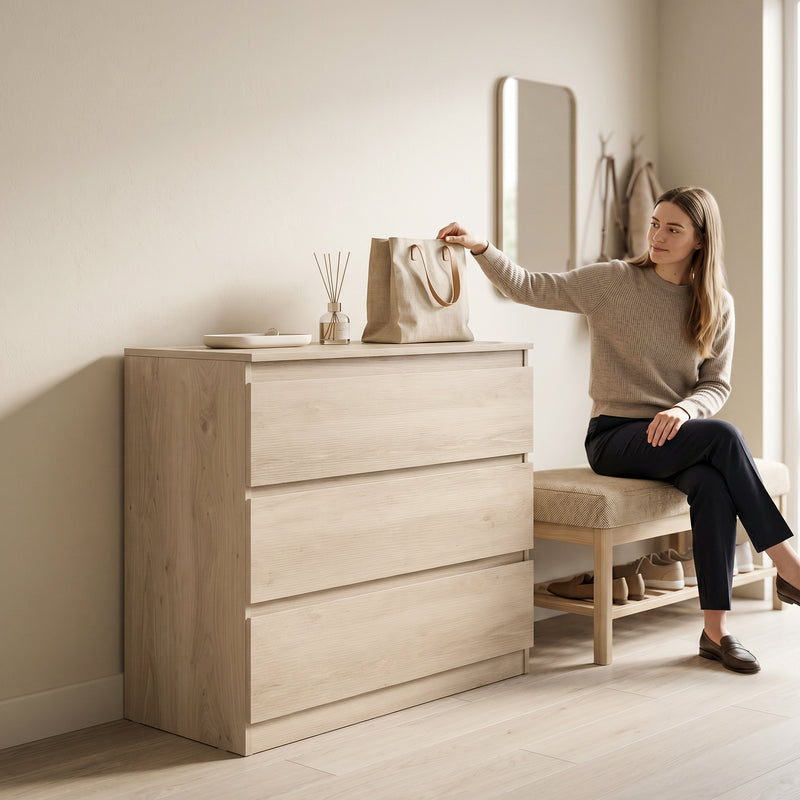 3 Drawer Chest for Organising Everyday Clothes with Handleless Design Oak