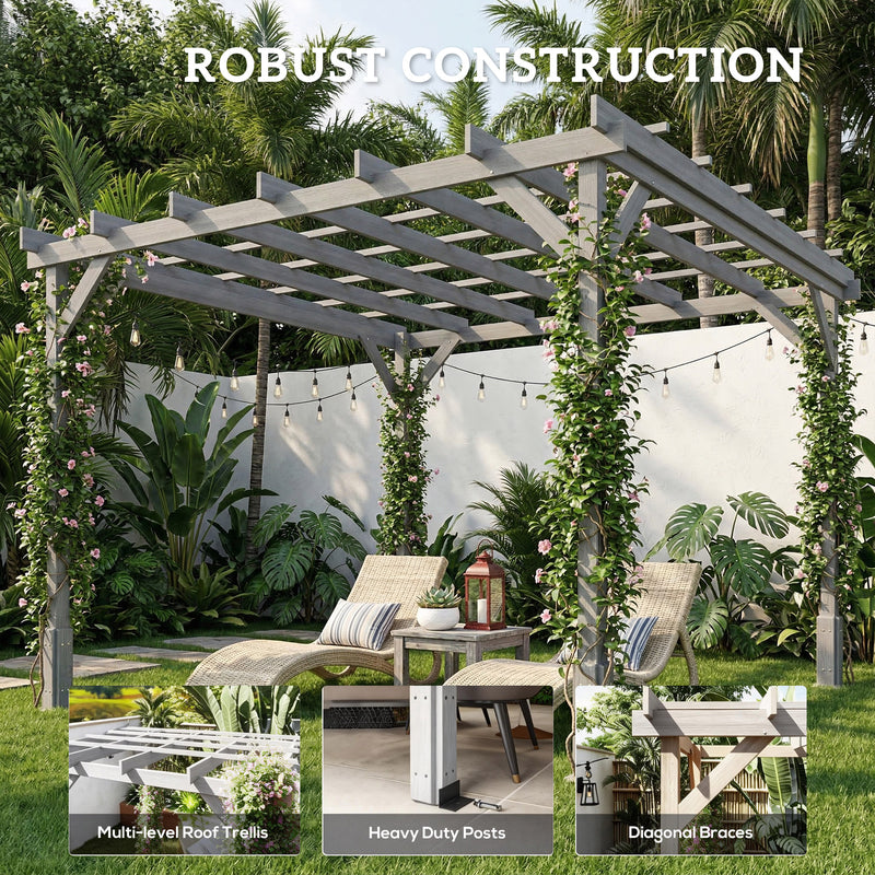 3x3m Grey Wooden Garden Pergola Kit for Shaded Outdoor Relaxing and Climbing Plants Support Outsunny