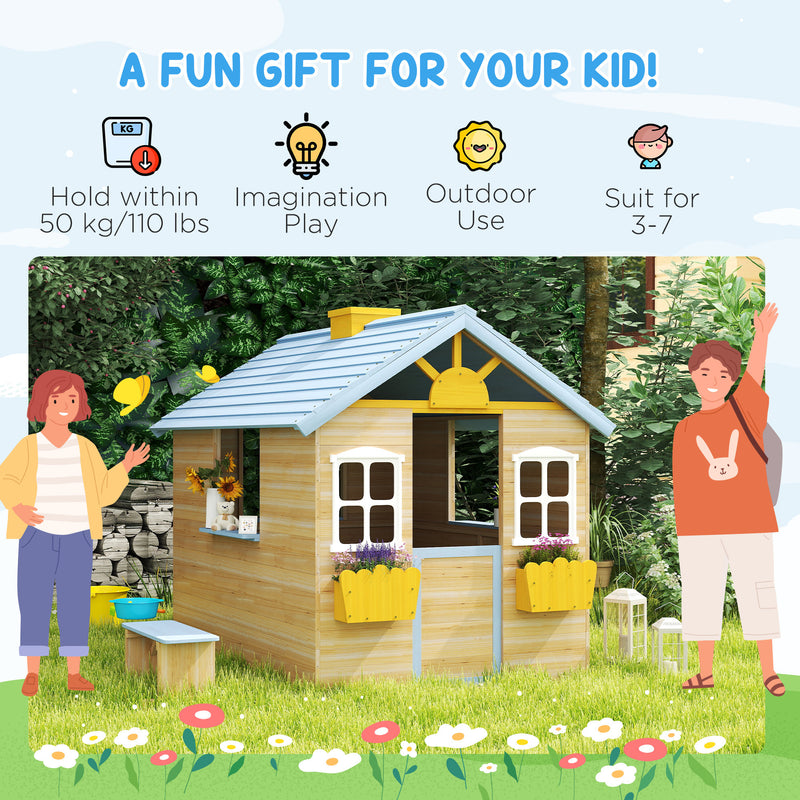 Wooden Outdoor Playhouse for Children with Bench and Plant Boxes for Creative Garden Play Blue