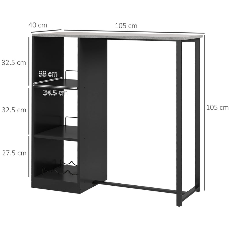 Bar Table with Storage Shelves and Wine Rack for Small Kitchens Grey Marble Black Homcom