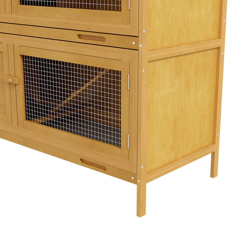 Two Tier Wooden Rabbit Hutch with Slide Out Tray for Outdoor Use, Yellow