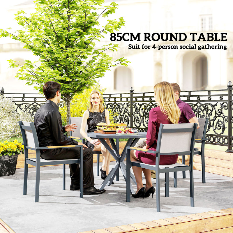 Dark Grey Round Outdoor Garden Table with Wood Effect Top 85cm Steel Frame by Outsunny