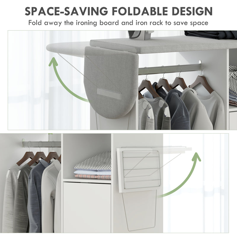 Rolling Ironing Board Cabinet with Storage and Lockable Wheels for Home Use White AOSOM