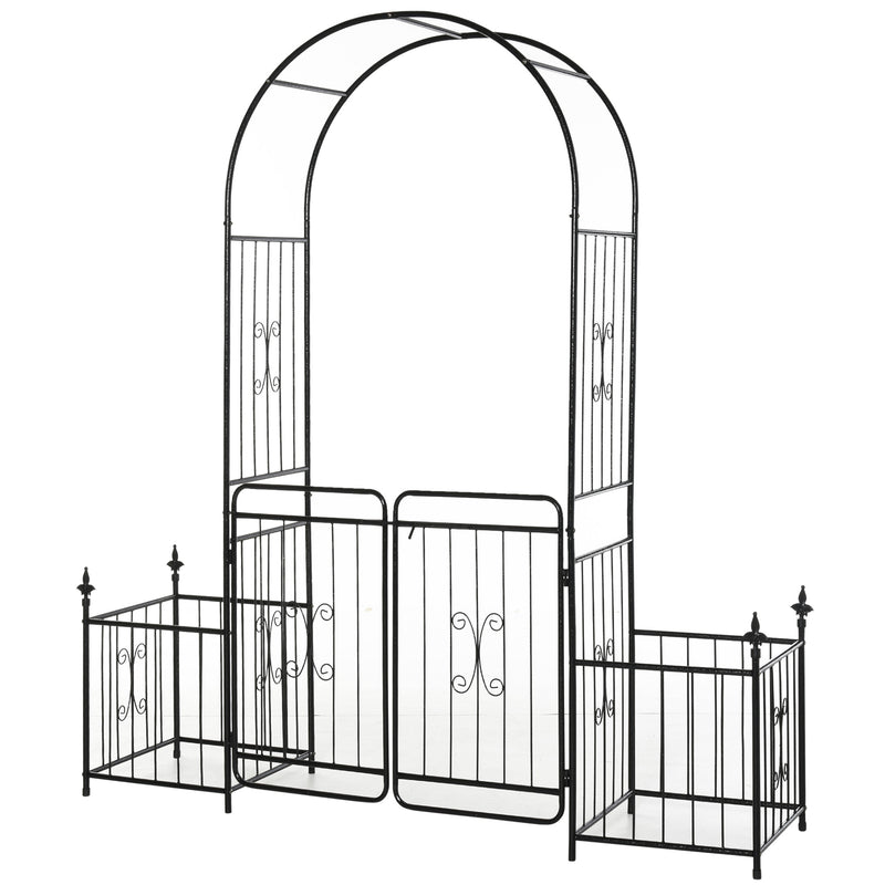 Metal Garden Arbor Arch with Double Doors and Planter Baskets Black by Outsunny