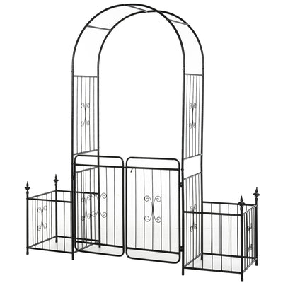 Metal Garden Arbor Arch with Double Doors and Planter Baskets Black by Outsunny